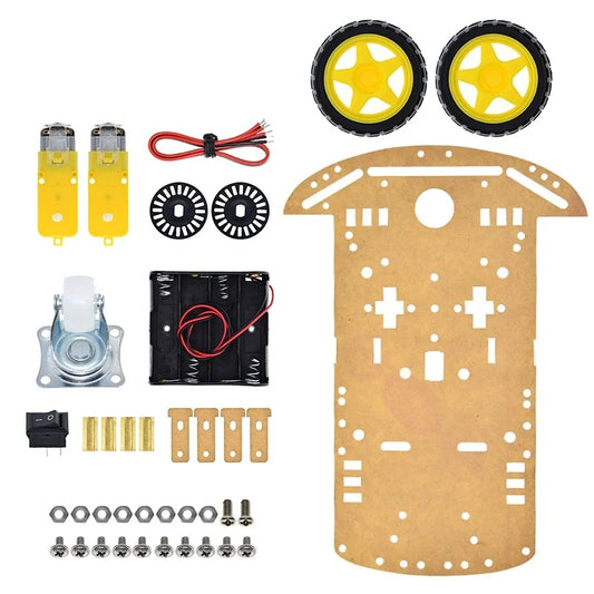 A 2WD robot car chassis with DC motors, encoders, a battery box, and trolley wheels, assembled together with visible wiring and mechanical components.
